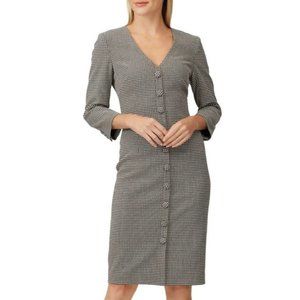 Badgley Mischka Grey Plaid Sheath Buttoned 3/4-Sleeve Dress